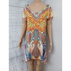 R. Roug Rhinestone Embellished Floral Paisley Top Bright Colorful Sharkbite 2X